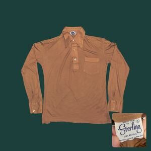 Vtg 70s Sterling Brown Acrylic Long Sleeve Point Collar Polo Shirt Mens L M